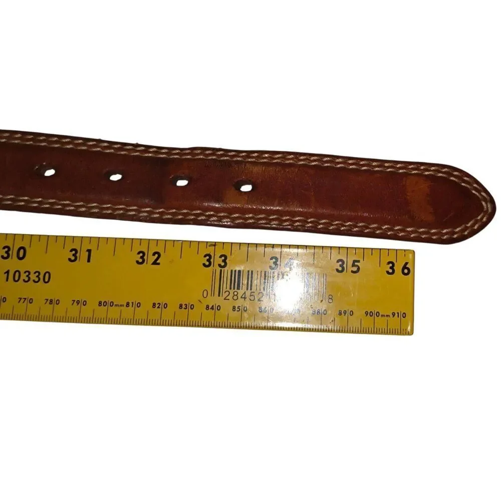 Vintage genuine leather stitched belt Size 32 brass hardware Taiwan cowboy rodeo